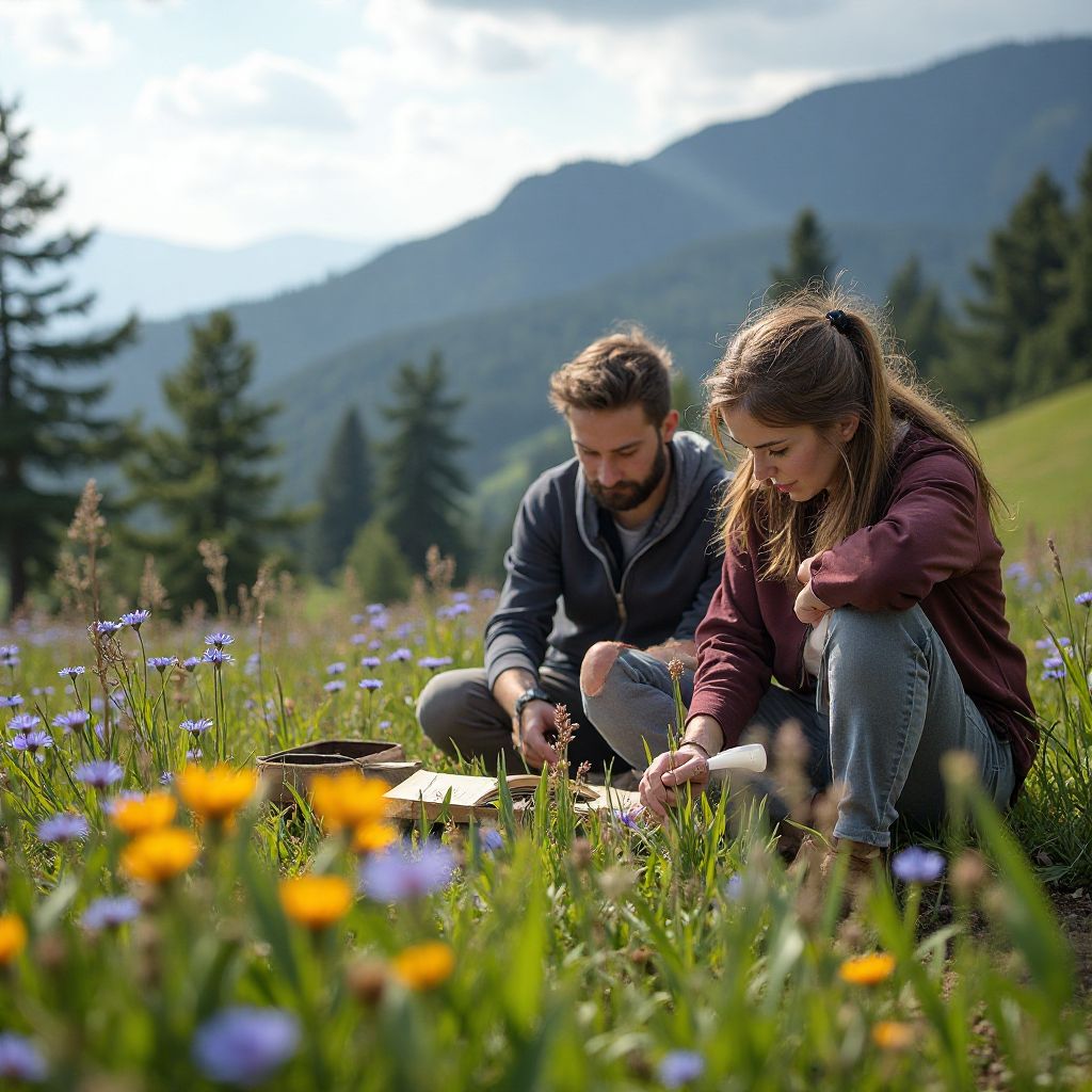 Team conducting biodiversity survey in alpine meadow